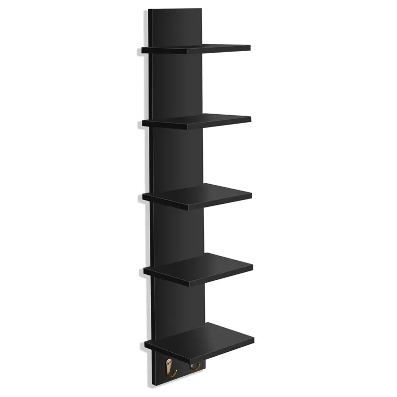Sorbus 5-Tier Black Wooden Floating Wall Shelf Set with Hooks - House Decor Organizer for Kitchen, Easy Installation, Jewelry & Beauty Storage, Home Supplies Accessory