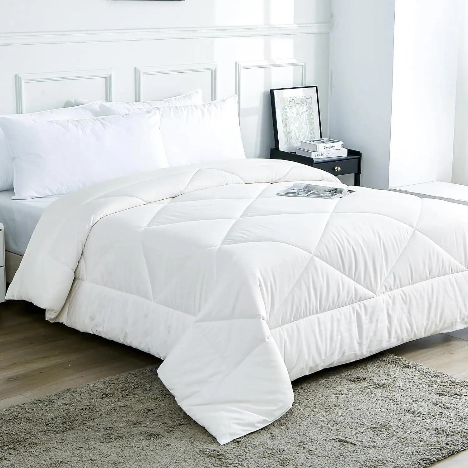 Queen Comforter Set, 100% Cotton-Filled Premium Upgraded Bed Quilt, All-Season, Comfortable, Soft, Noise-Free, Breathable, Fluffy, White