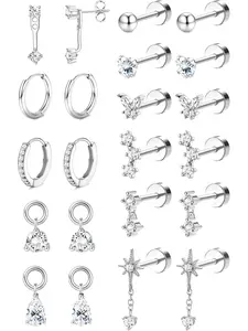 Hypoallergenic Silver Flat Back Earrings for Women - 14K Gold Plated Surgical Stainless Steel Earring Stacks Set | Small Stud & Hoop for Cartilage Helix Tragus Piercing Jewelry Comfort Gift