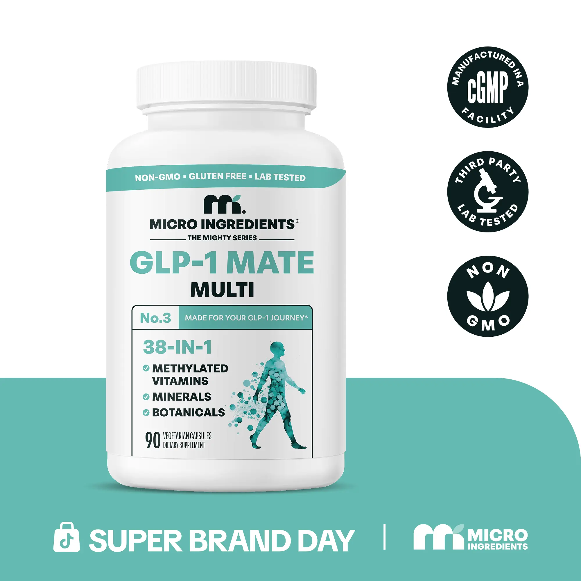 Micro Ingredients GLP-1 Mate Multi - 38 in One - Methylated Multivitamin, Minerals (Magnesium, Zinc & More), CoQ10, Probiotics, Berberine & Ceylon Cinnamon, 90 Veggie Capsules