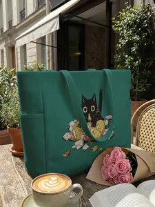 Cat Pattern 2D Printed Travel Bag, Large Capacity Storage Bag, Durable Multi-Pocket Design, Zipper Closure, Suitable for Work, Shopping, Picnic