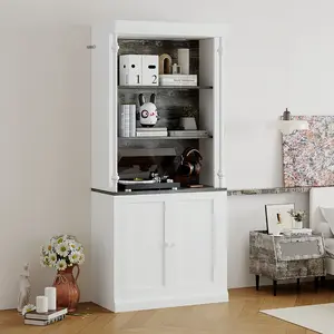 71" Tall Bookshelf with LED Lights, 5-Tier White Open Bookcase with Adjustable Shelves, Roman Column Style Floor Standing Wooden Storage Organizer for Living Room, Home Office