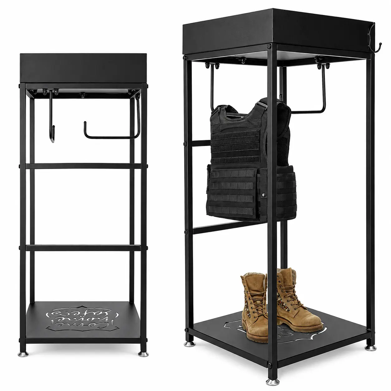 Police equipment storage rack, police wall-mounted hanger, military and police-specific shelf with 3 hooks for hanging tactical vests, uniforms, bulletproof panels, duty belts; tactical gear organizer, police gift display piece, black model