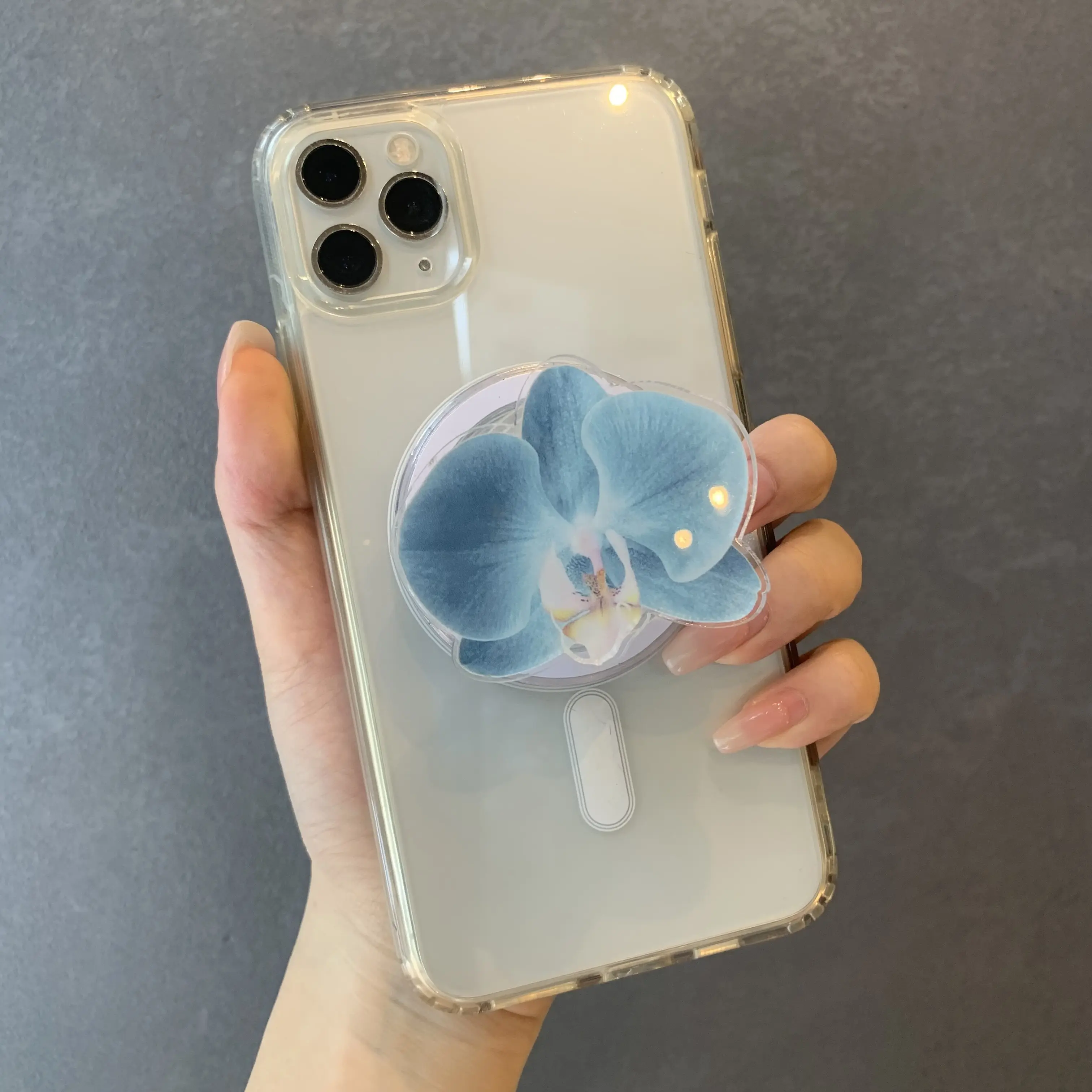 Blue Orchid Phone Grip, Floral Acrylic Grip, Elegant Flower Magnetic Phone Stand, Botanical Phone Accessory