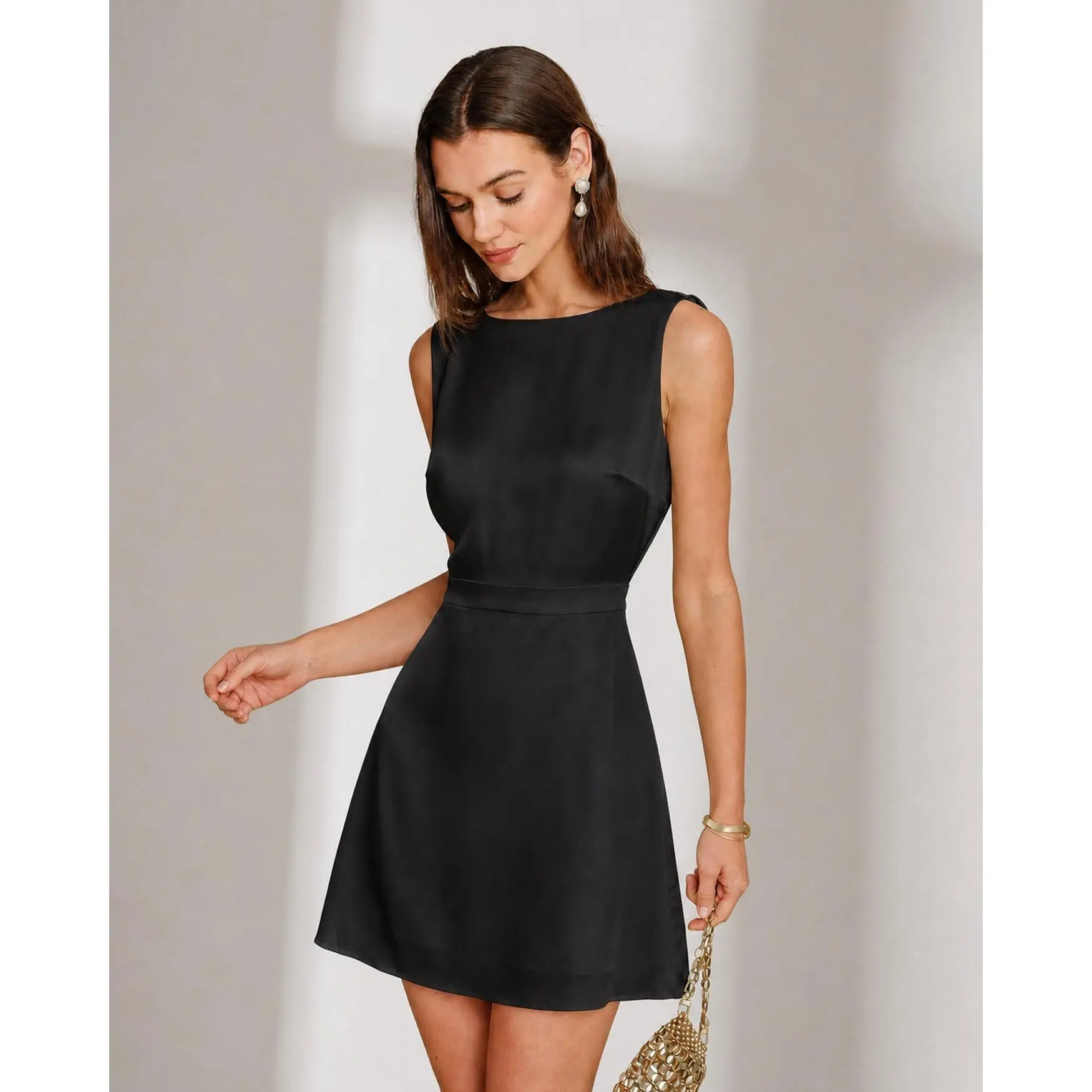 Black Boat Neck Pearl A-Line Mini Dress