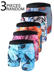 Men's Abstract Dye Print Boxer Briefs, High Stretch Mid Waist Trunks, Casual Fitted Underwear, Geometric Pattern, 3 Pack Set