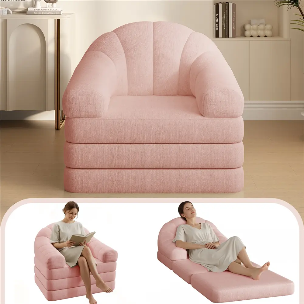 Costoffs 2-in-1 U-Shaped Marshmallow Chenille Modern Sleeper Sofabed - Single Seat Upholstered Couch, U-shape Hug Arms, Sturdy Foam, High Resilience, 300 lb Capacity, 39"w×33.5"d×32.5"h, Pre-Assembled, Instant Change Floor Sleeper for Living Room