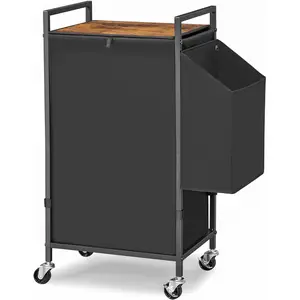Laundry Hamper with Rustic Brown Lid & Wheels; 96L Large Rolling Laundry Basket with Removable Oxford Liner Bag; Tall Freestanding Dirty Clothes Hamper with Side Pocket; Metal Frame Laundry Cart