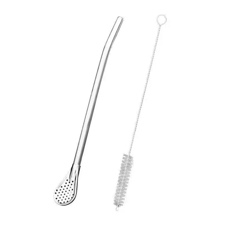 4-in-1 304 stainless steel filtering straw spoon; a free dedicated straw cleaning brush is included. This versatile stirring spoon can be reused multiple times. Suitable for juice, milk tea, coffee, and watermelon. An all-in-one metal straw set combining