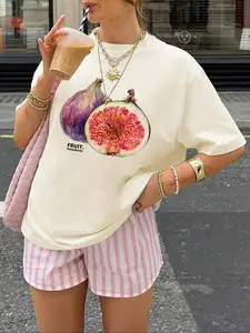 Women's Fruit Print Round Neck Tee, Vintage Trendy Casual Fitted Short Sleeve T-shirt Top for Daily Wear, Ladies Summer Outfit