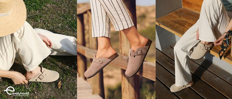 EVELLYHOOTD Women Men Genuine Suede Round Toe Cork Footbed Clogs Potato Shoes Slide Outdoor Gym Shoes with Arch Support Flat Buckle Clogs Retro Fashion Walking Shoes Slippers 【Wide Feet PLS SIZE UP 】