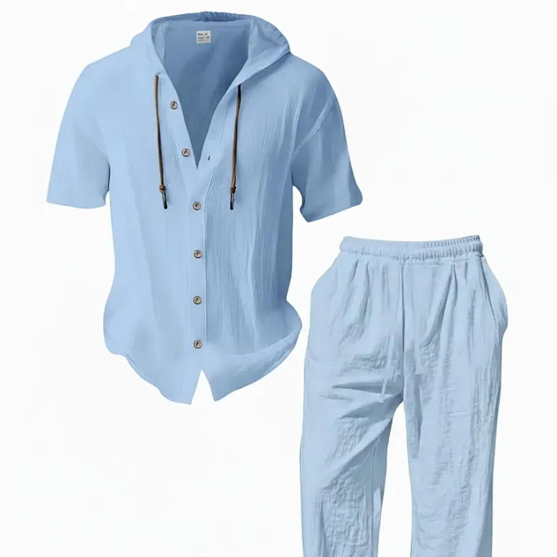 Men’s lightweight two-piece set with a hood, casual vacation style, loose and breathable thin fabric, hooded sweatshirt and wide-leg pants, for summer wear Men’s lightweight two-piece set with a hood, casual vacation style, loose and breathable thin fabric, hooded sweatshirt and wide-leg pants, for summer wear