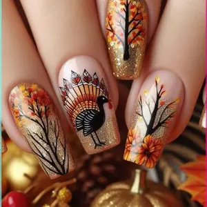 Long-length, detachable, glossy, ballet-style, tree and turkey pattern, 24-piece nail art stickers, detachable, wearable nails, fake nails, stick-on false nails, DIY, gel type, press-on false nails