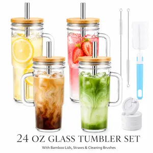 4-Pack 24oz Stylish Wide Mouth Glass Tumbler Set with Handles, Bamboo Lids, Stainless Steel Straws, Portable Washable Reusable Cups for Boba, Iced Coffee