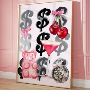 Trendy Money Signs Digital Poster - Light Pink Background with Martini & Bow Aesthetic. Vintage Poster. Home Décor for Living Room and Bedroom, No Frame