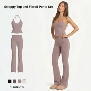 Women's 2-Piece Athletic Tracksuit Set - Nude-Feel Skin-Friendly Halter Backless Bodysuit, High-Waisted Slimming Bell-Bottom Pants, Lightweight Gym Outfits for Workout & Outdoor Fun, Workout Sets Women
