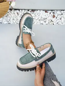 Women's Slip-On Loafers, Flatform Loafers, Casual Wear Shoe, Colorblock Round Toe Thick Sole Chunky Heel, Fashionable Elegant Platform Shoes for All Seasons