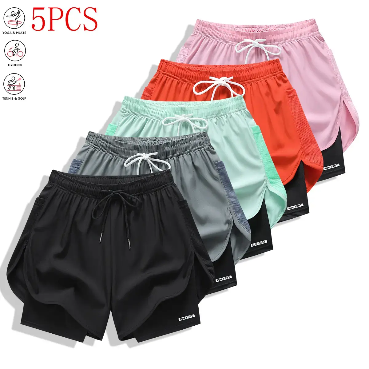 Pack of 5 women’s casual athletic shorts, solid color, faux two-piece design with built-in liner, elastic drawstring waistband, suitable for outdoor fitness, running, sports, and casual wear; women’s shorts, Women's Clothes, Clothes For Women