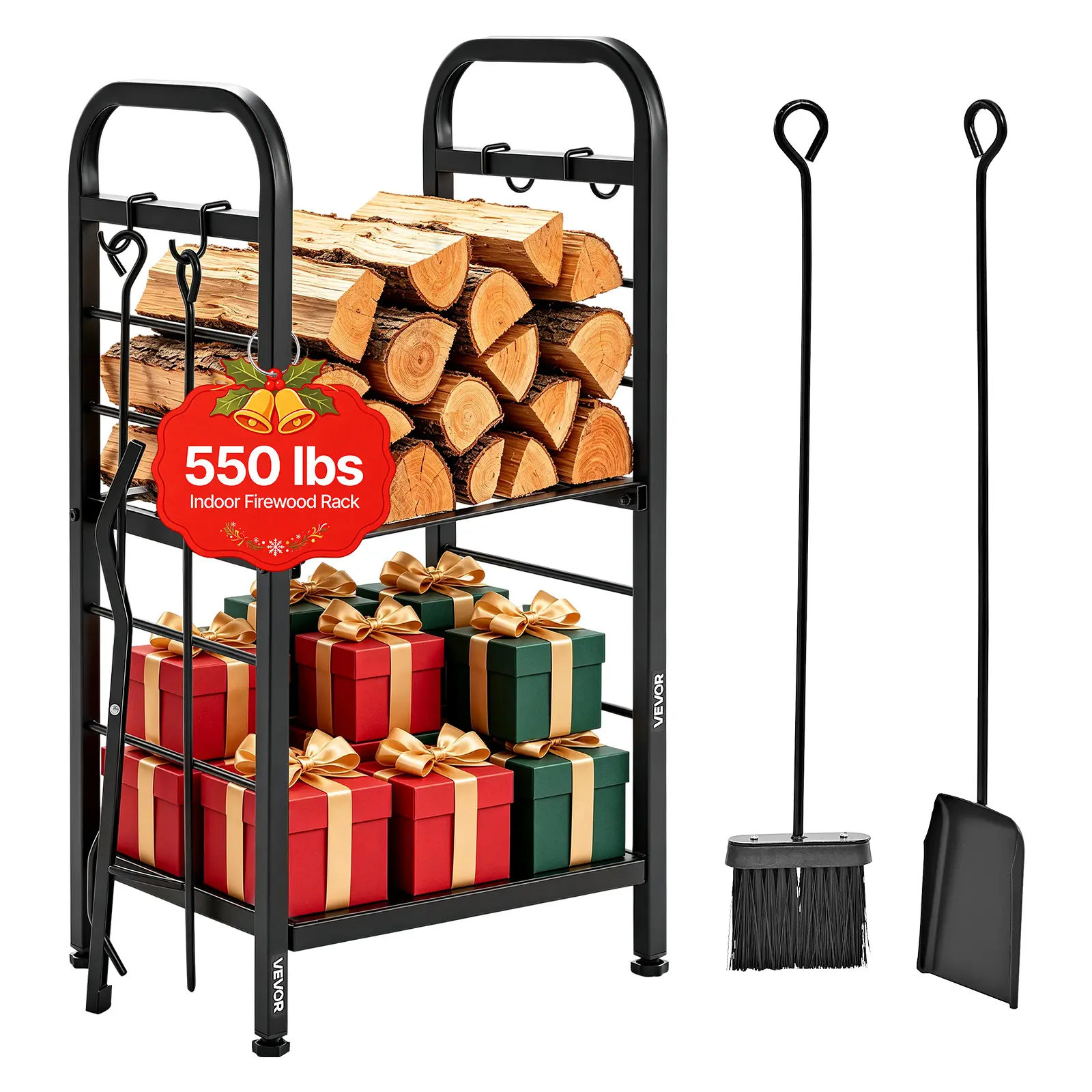VEVOR Firewood Rack 15.75 Inch Heavy Duty Indoor Fire Wood Storage Holder, for Fireplace Patio Deck, 550 lbs Load Capacity, 2-Tier Storage Space, Log Stacker Stand Metal Wood Pile Organizer, Black