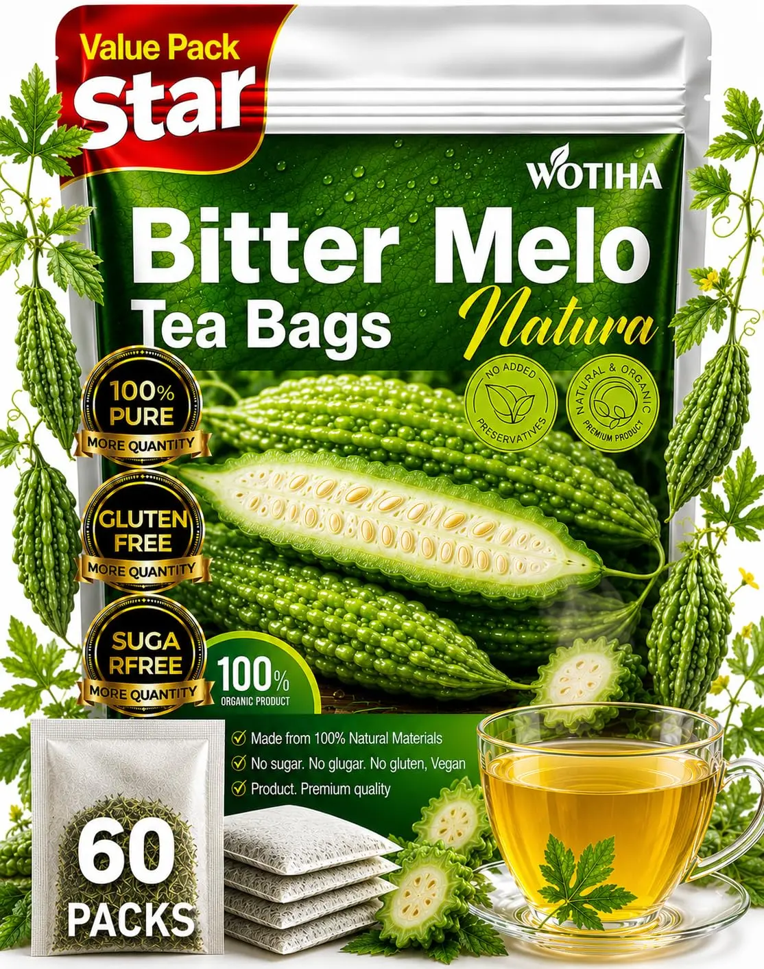 WOTIHA Natural Bitter Melon tea bags 120g. 60 Tea Bags,Natural Healthy Herbal Tea.Non-GMO, Caffeine-Free, Supports Healthy Digestion