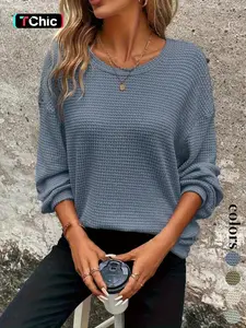 us/eu New Ladies Knitwear Solid Color Mesh Shoulder Long Sleeve Round Neck Top, Womenswear