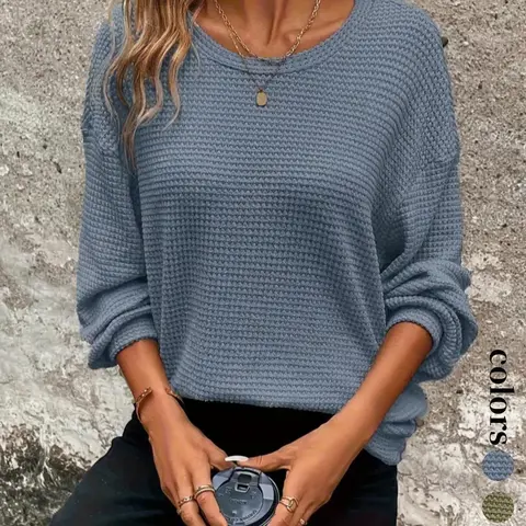 us/eu New Ladies Solid Color Mesh Shoulder Long Sleeve Round Neck Top Shirts Aesthetic Cozy Casual Top