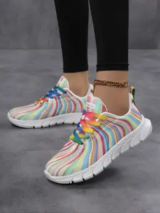 Women's Rainbow Flat Sneakers, Fashionable Comfort Breathable Design, Striped Jelly Sole, Lightweight Casual Shoes for Daily Wear & Outdoor Sports, Trendy Walking Sneaker