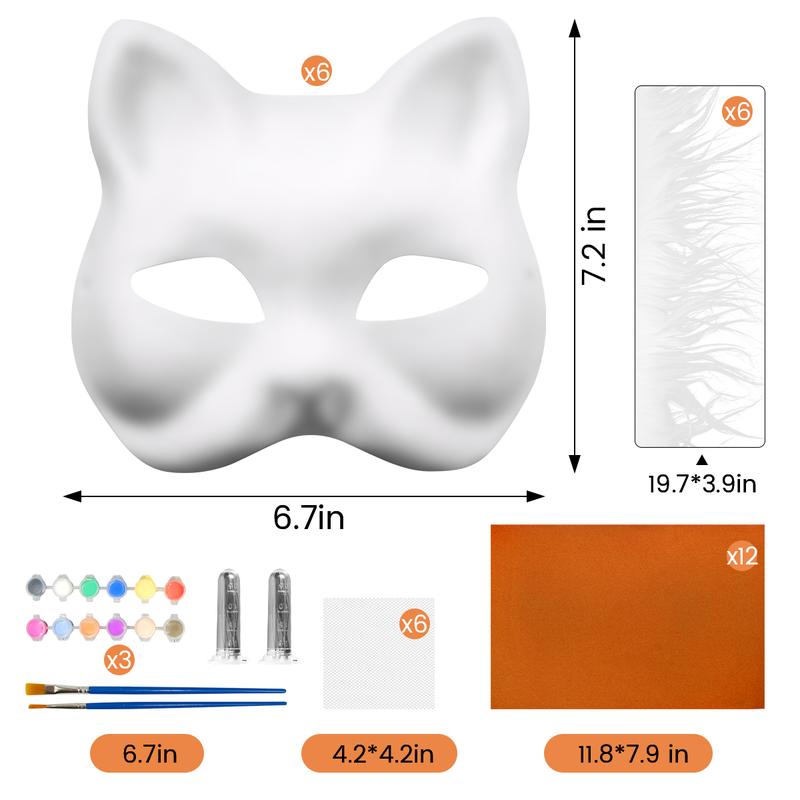 37Pcs Therian Mask DIY Set White Cat Mask Base with Faux Fur Eye Mesh Whiskers and Painting Tools for Costume Party Cosplay Halloween Costume fnaf  mask Felt Kit
