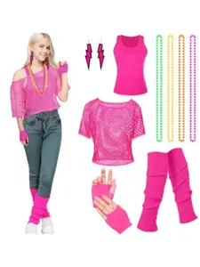6Pcs Set Retro 1980s Nostalgic Fishnet Set Leg Warmers Gloves Earrings Vintage Party Outfit