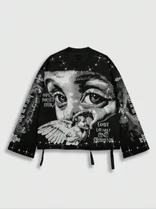 Men's Vintage Casual Streetwear Street Style Saint Print Long Sleeve Round Neck T-Shirt, Loose-Fitting Short Fit, Fall 2000s Fashion