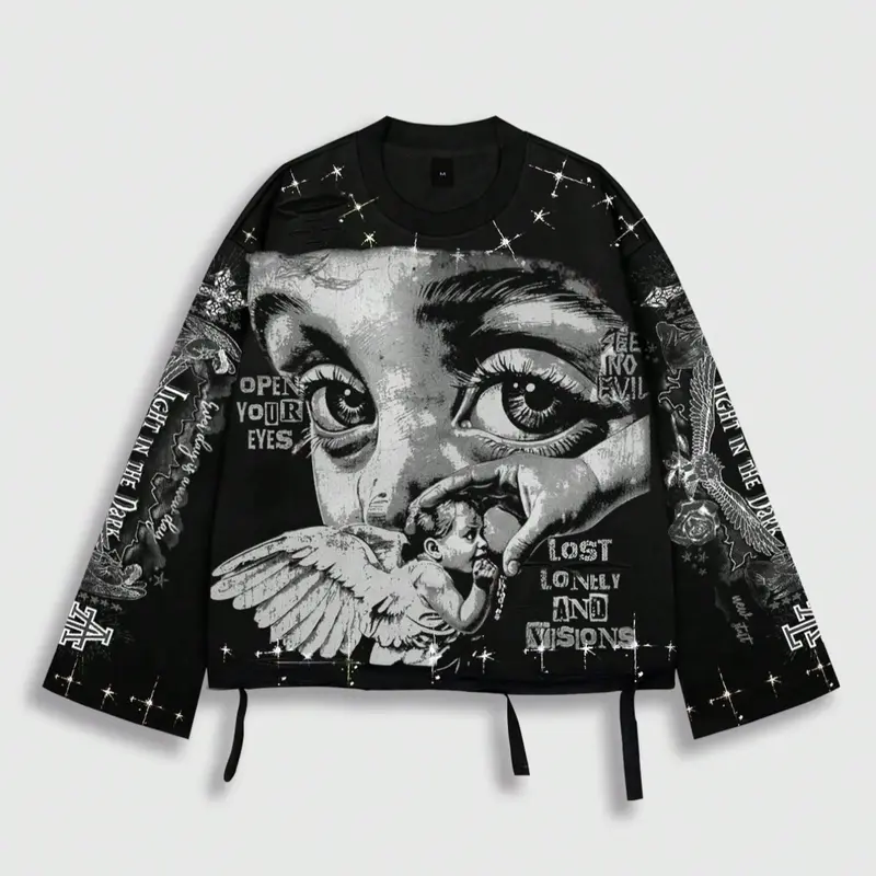 Men's Vintage Casual Daily Streetwear Street Style Saint Print Long Sleeve Round Neck T-Shirt, Loose-Fitting Short Fit, Fall 2000s Fashion, Casual Letters Print, Casual Streetwear Looks
