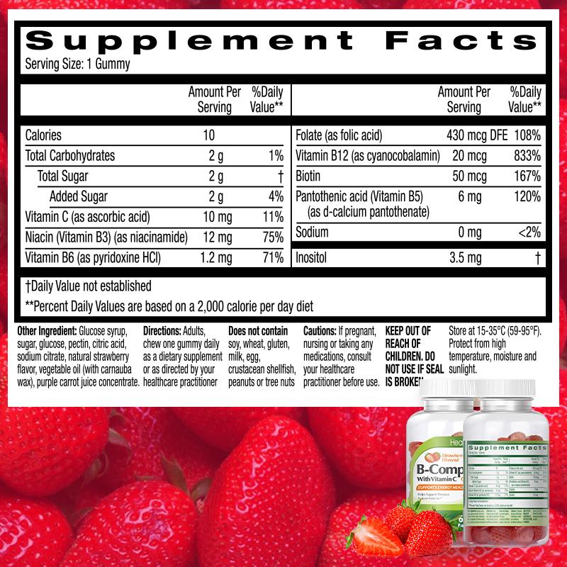 HealthA2Z Vitamin B-Complex Gummies (Strawberry Flavored) - 60 Pieces (Pack of 1) - B3 Niacin, B6, B12, B7 Inositol, B8 Biotin, Folic Acid, Pantothenic Acid with Vitamin C - Supports Healthy Nerves, Focus, Skin & Energy