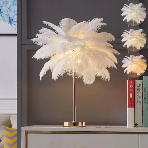 Ostrich Feather Fluffy Table Lamp - Modern Nightstand Lamps, Chic Aesthetic Home Decor, Lights for Bedroom, Girly Room Accessory, Home Decoration Piece, Ideal Girl Gift, Wedding Ambiance Light