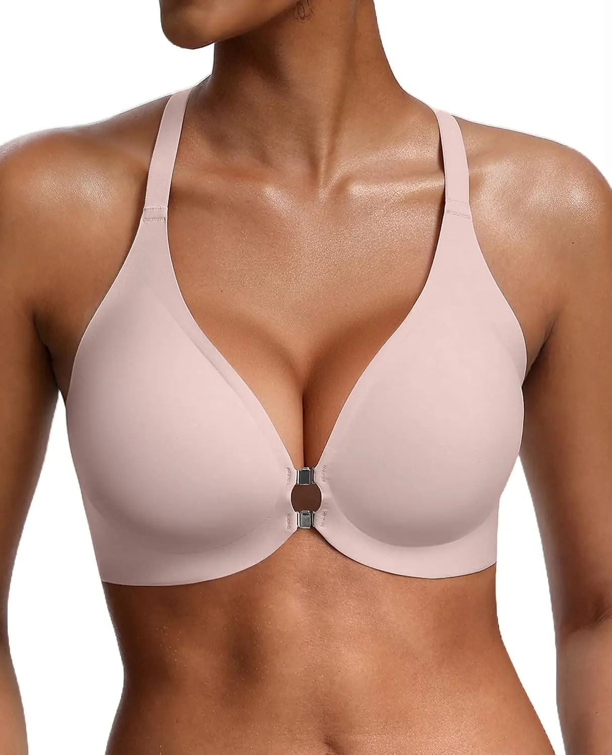 Jelly Bras for Women Front Closure No Underwire Seamless Bralettes Wireless Push Up Soft V Neck Full Coverage Comfortable Sports Everyday Womens Bra Pink XL Womenswear Basic Minimalist Vneck