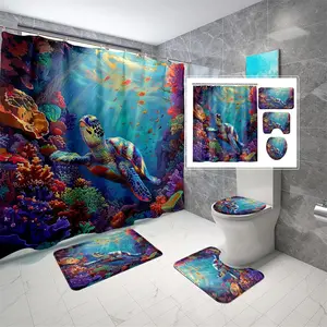 Turtle Pattern Bathroom Decorations, 4 Counts/set Including 1 Shower Curtain & 1 Toilet U-shape Mat & 1 Rectangular Mat & 1 Toilet Lid Cover, Bathroom Accessories