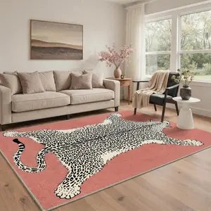 【Summervibes】GENIMO Leopard Area Rug, Animal Jungle Machine Washable Living Room Rug, Non Slip Red Jaguar Rugs for Bedroom, Low Pile Soft Stain Resistant Floral Rugs for Office Dining Room