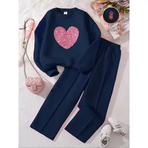 Girls' 2-Piece Fleece Heart Long Sleeve Hoodie Set, Comfortable Elastic Waist Fleece Pants for Stylish Casual Wear