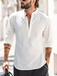 Men's Solid Color Half Placket Shirt, Regular Fit Casual Short Sleeve Shirt for Summer, Fashion Men's Top for Daily Wear, Casual Shirts
