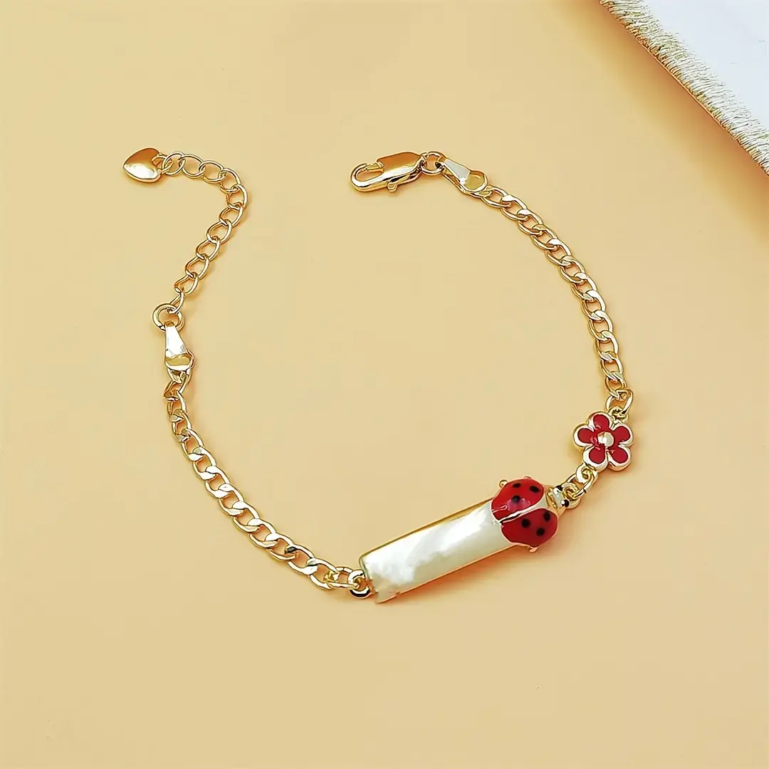 Golden-Tone Copper Ladybug Bag Charm with Cute Red & Pink Flowers, Fashion Jewelry Accessory, Gift for Teenage Girls, Fashion Jewelry Accessories, Teenage Girls Gifts, Charm Bracelet, Beaded Pendant Charms & Twillies