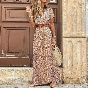 Bohemian V-Neck Flowy Dress with Artistic Floral Print - Elegance Beach & Daily Outings