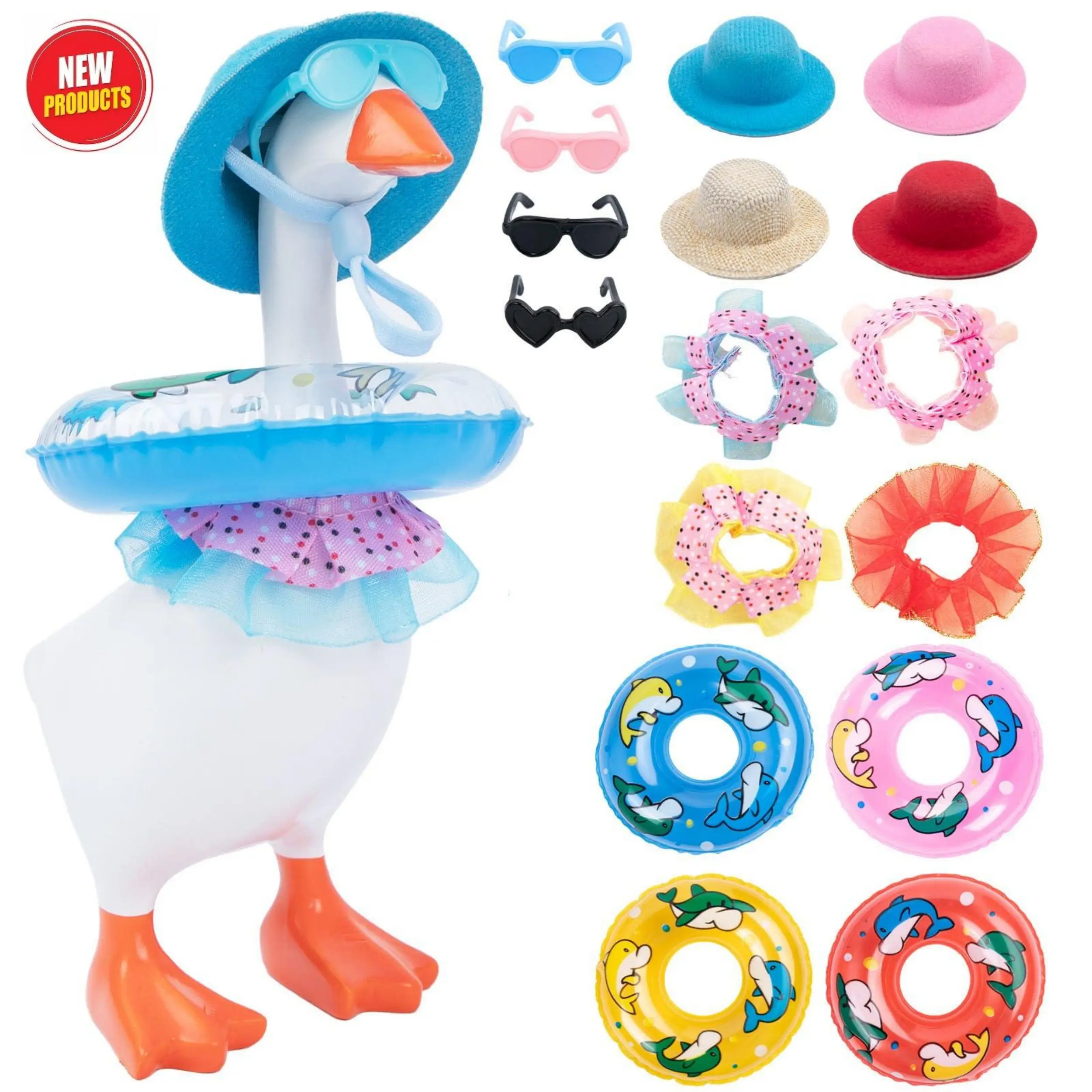 4 Set Hawaiian 7 Inch Desk Goose Outfit - Hats Sunglasses Swimming Ring & Bikini | Cute Funny Costume for Magnetic Goose Statue (Goose Not Included)