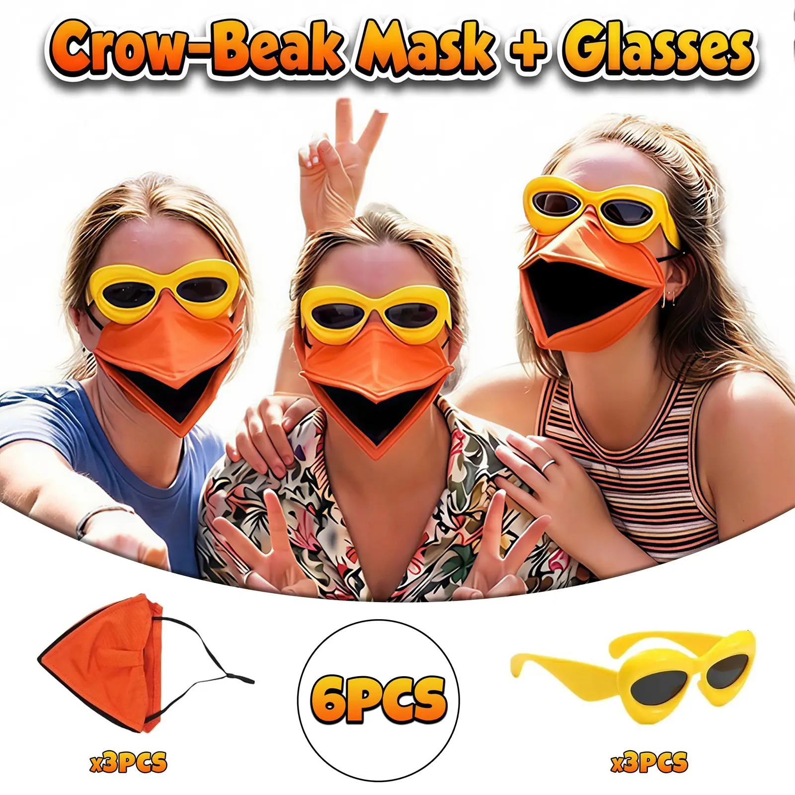 Funny Party Mask Set, 3 Sets 6 Pieces, Crow Mouth Masks + Fun Glasses, Halloween, Birthday, Role Play, Photo Props, Party Event Props, Party Supplies