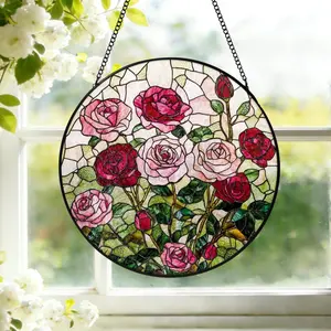 Stained Glass Suncatcher Rose Window, Hanging Pink and Red Rose Flower Garden Decor, Mother's Day Gift, June Birthday Gift, S18 Gift for Mom