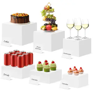 6 Pack Medium-Sized White Acrylic Boxes for Display as Buffet Risers and Stands, Food Risers for Party, Table, including 8", 7.5", 7", 6.8", 6", 5" (Medium, White, 6Pcs, With Mini Signs)