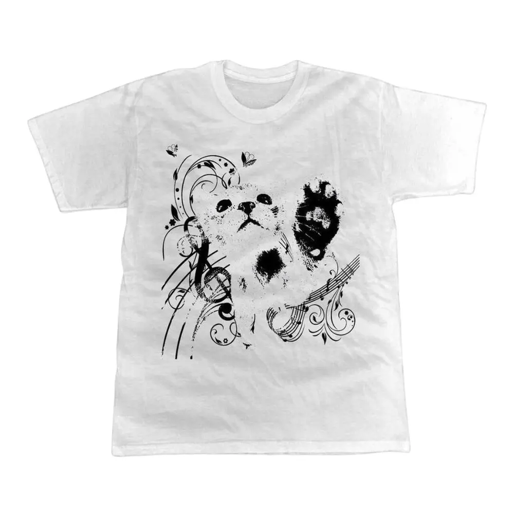 The Cute Cat Paw Music Graphic T-Shirt, Abstract Kitten Art Tee, Black And White Cat Lover Shirt, Crew Neck, Menswear Top, Womenswear Top Underwear Streetwear