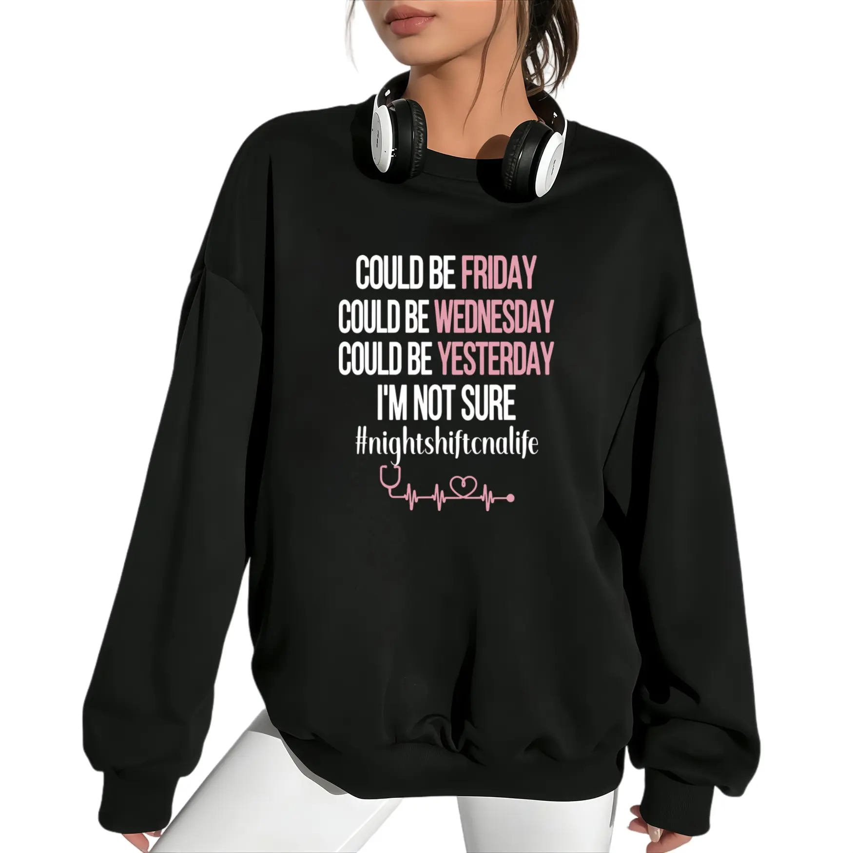 Comfortable Long Sleeve Night Shift CNA Sweatshirt – 100% Nurse Humor with Pink Text & EKG Print, Machine Washable, Perfect for Gym, Running, Halloween, and Gifts