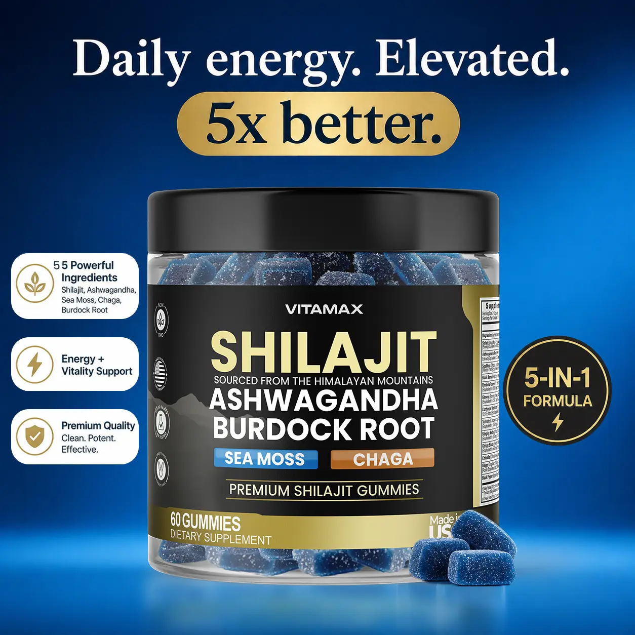 Pure Shilajit Gummies, Sea Moss, Ashwagandha, 105+ Trace Minerals – Organic Burdock Root & Lions Mane Mushroom - Blue Razz – Vegan & Non-GMO – Made in USA – 60ct