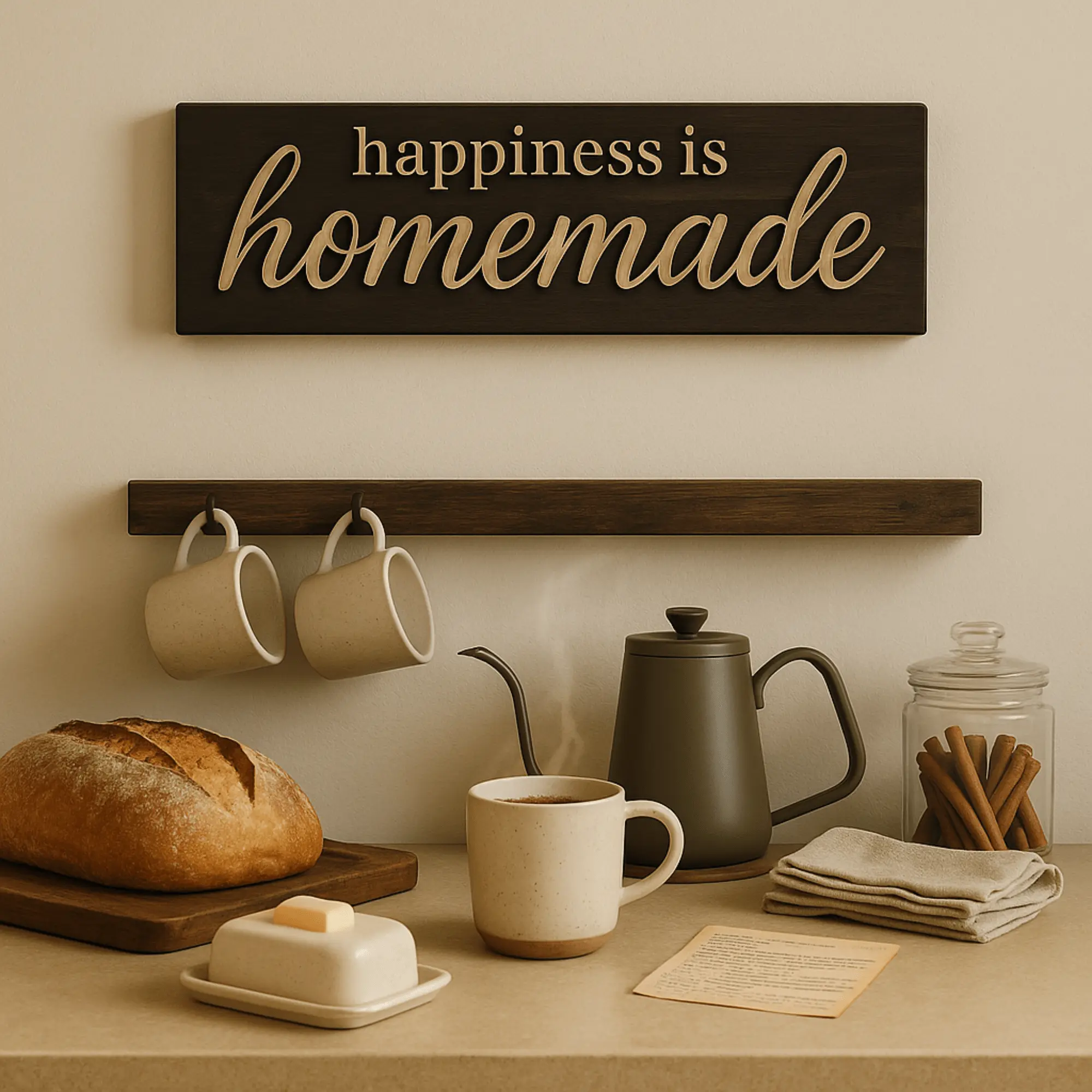 CNC-Carved Wooden Kitchen Plaque Sign with "Happiness Is Homemade" Design, Farmhouse Wall Decor, Paintable Home Supply Gift with Paint and Hanger