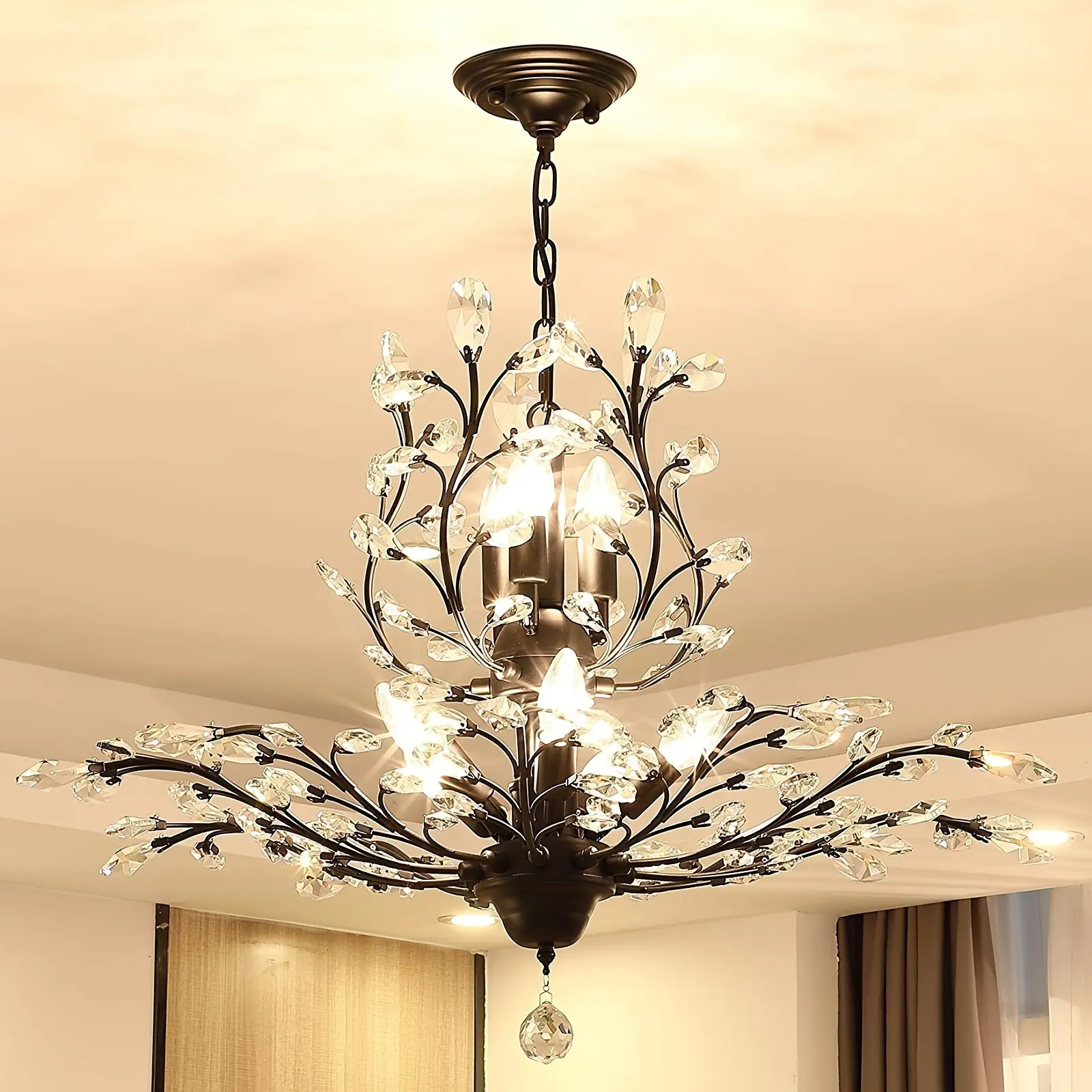 7-Light Vintage Crystal Chandelier Ceiling Lights LED Light Crystal Pendant Lighting Ceiling Light Fixtures Chandelier Lighting For Living Room Bedroom Restaurant Porch Chandelier (Black) Lamp Decorative