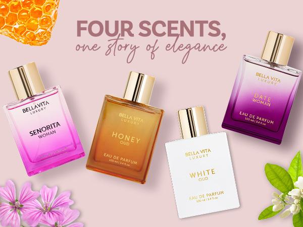 The Showstopper by BellaVita Luxury | Perfume Gift Set for Women & Unisex | Includes Senorita (Floral Fruity Vanilla), Date (Fruity Spicy), White Oud (Woody & Fresh), and Honey Oud (Floral Spicy) | 4 x 3.4 Fl.oz | Vegan & Cruelty-Free Long-Lasting EDP